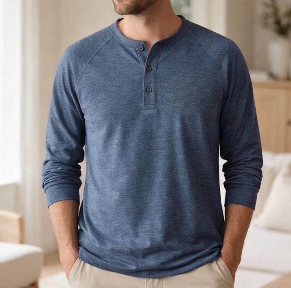 Faherty Henley‎ Shirt Mens XXL Blue Heather Cloud Cotton Long Sleeve Tee NWT